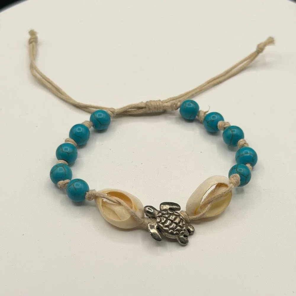 Boho Sea Turtle Bracelet Blue Beads Cowrie Shell Adjustable Beach Surfer Gift